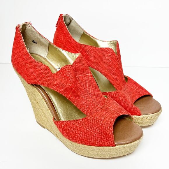 Anthropologie Seychelles Coral Textured Peeptoe Raffia Platform Wedge Sandal 6.5 - Picture 1 of 16